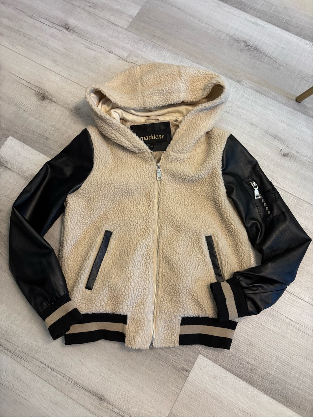 Steve Madden Sherpa Faux Leather Sleeve Hooded Jacket Small - Picture 7 of 11